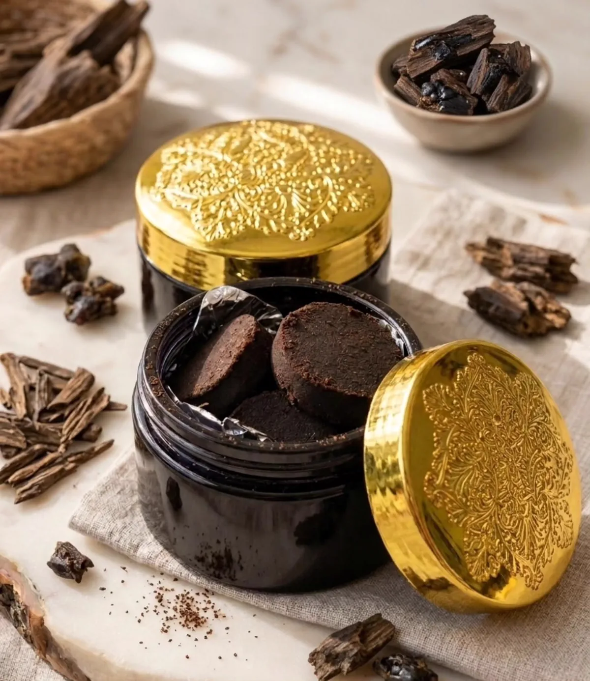 An open jar of Asam & Co. bakhoor tablets with agarwood chips