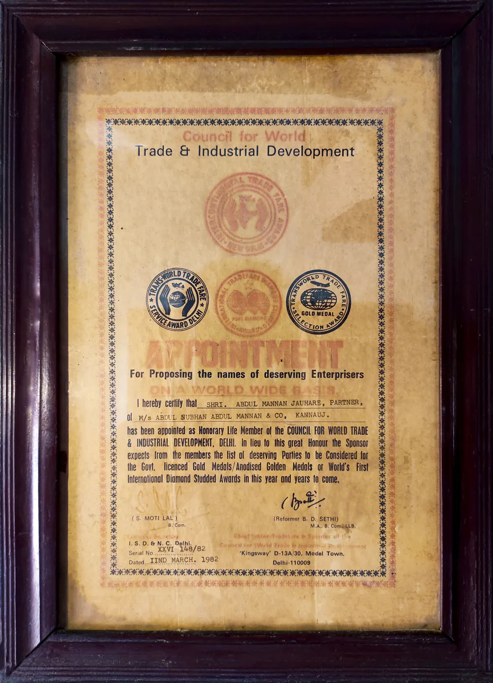 Appointment certificate, Council for World Trade & Industrial Development, Delhi, 1982 — honorary life membership for Shri Abdul Mannan Jauhare, partner, M/s Abdul Subhan Abdul Mannan & Co., Kannauj